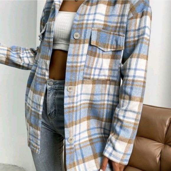 Soft Blue Plaid Flap Pocket Overcoat - Picture 5 of 6